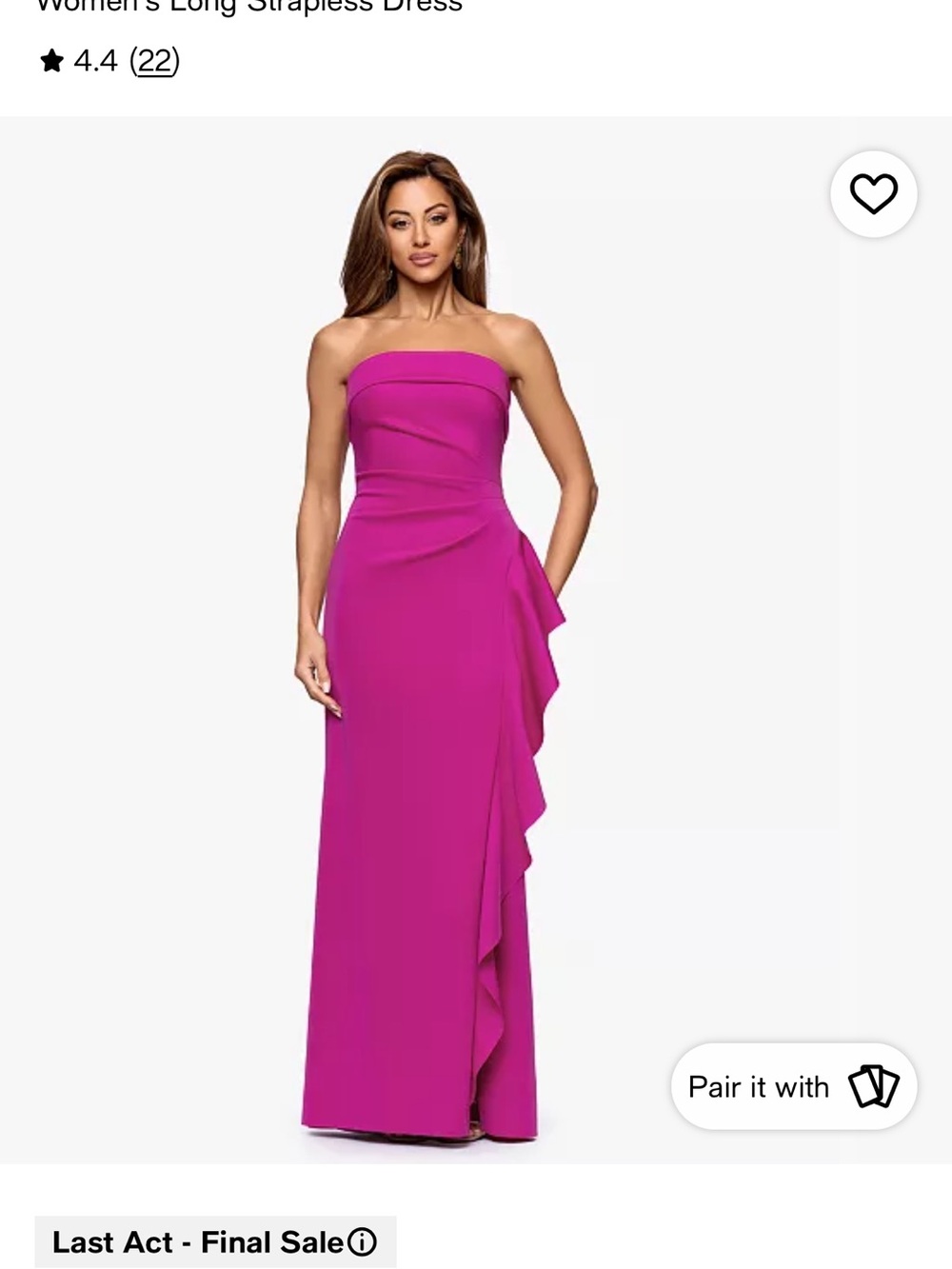 Xscape Strapless Orchid Pink Column Gown with Side Ruffle